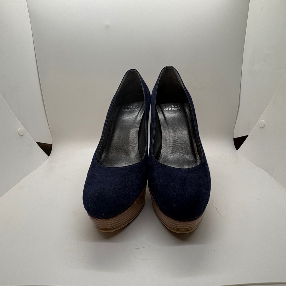 Stuart Weitzman Navy Blue Suede Wood Platform Pumps Heels Spain 7M
